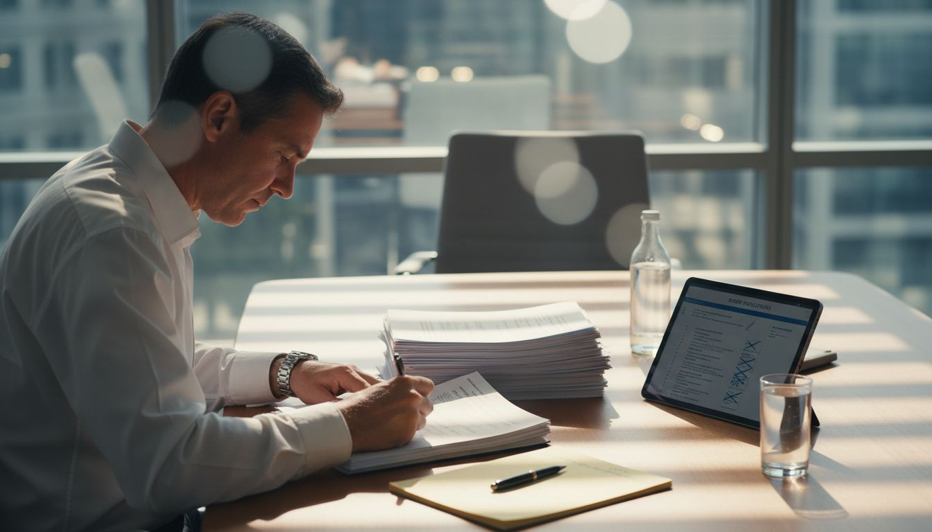 Company secretary signs shareholder agreements in boardroom