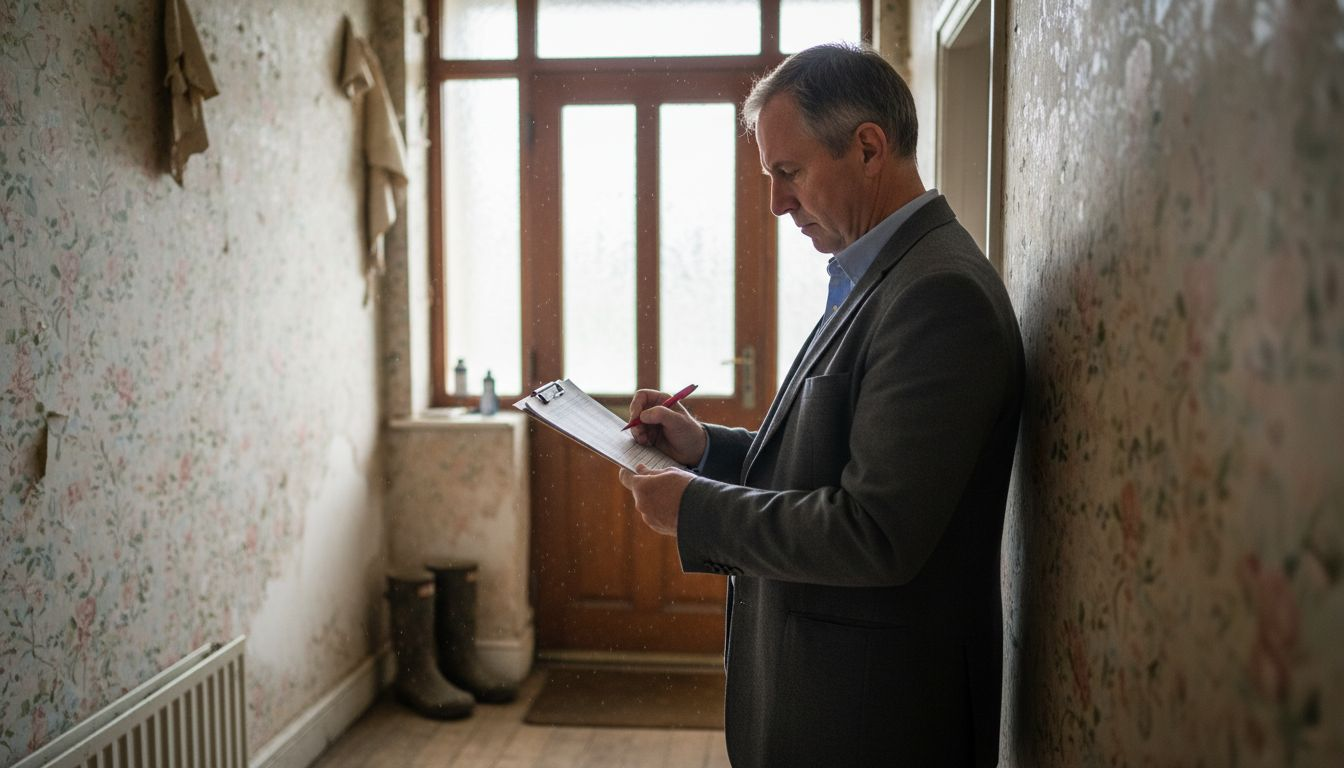 Man ticking property viewing checklist in hallway