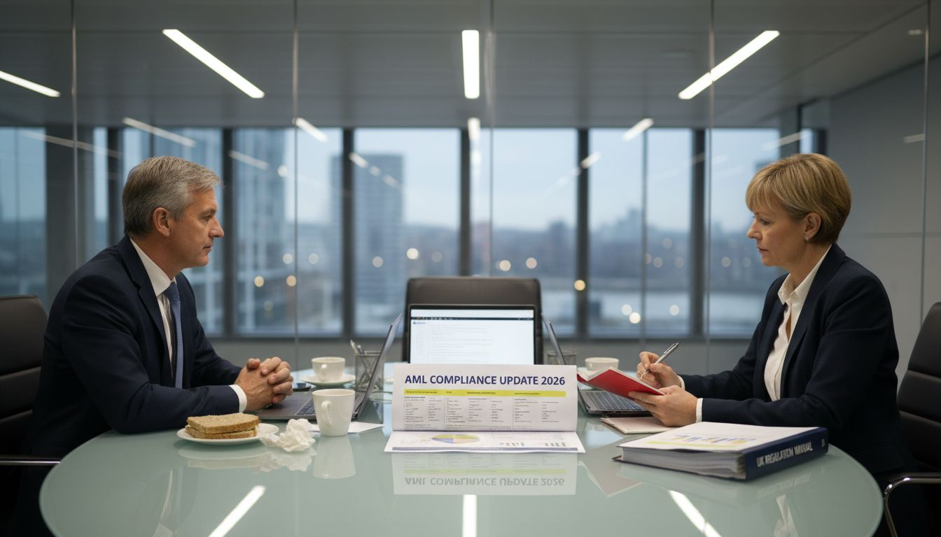 Managers discussing AML regulation update in meeting