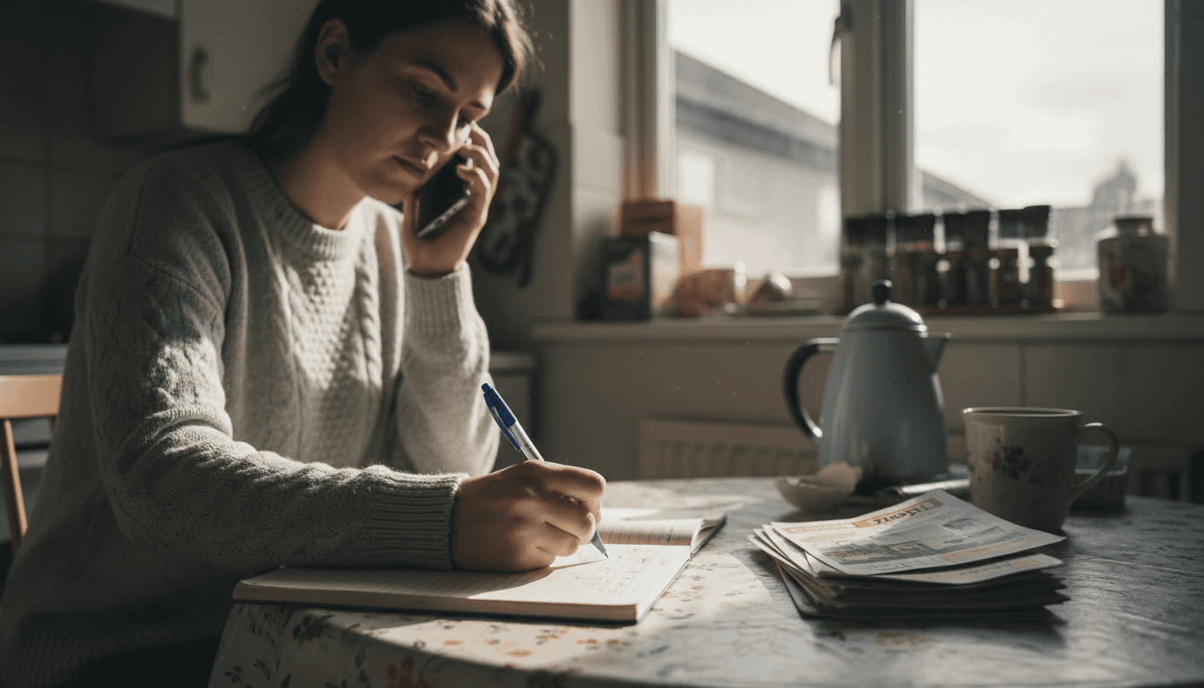 First time buyer phoning estate agent at kitchen table