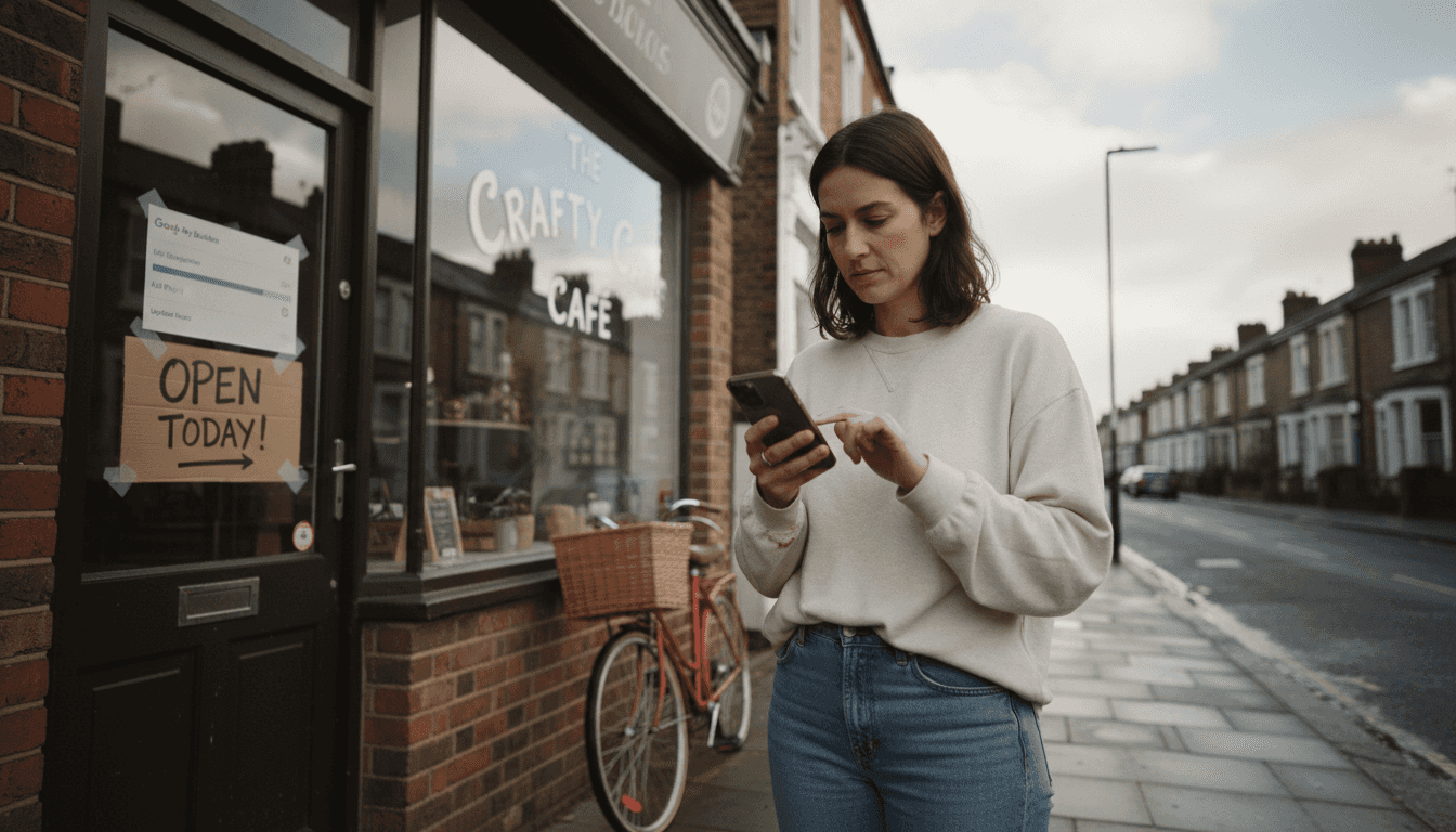 Business owner managing Google profile outside shop