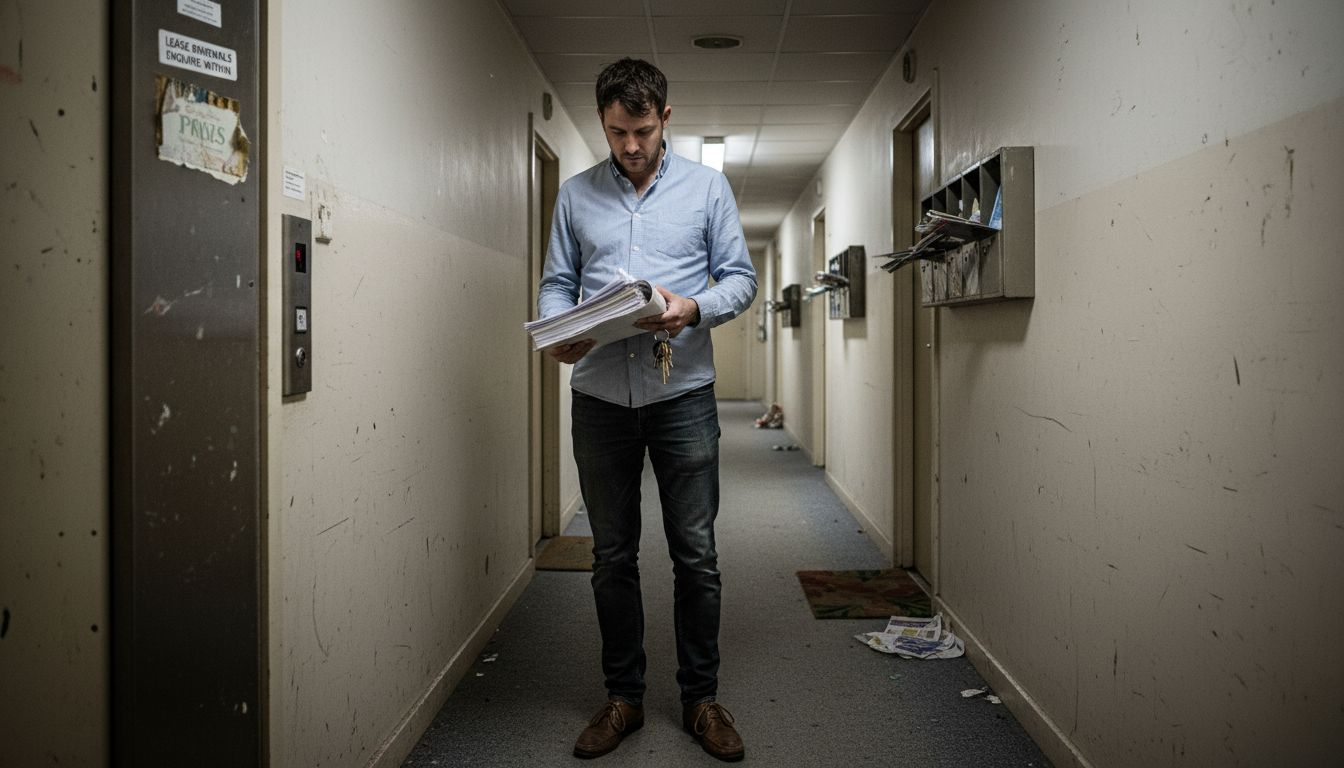 Leaseholder with paperwork in flat corridor