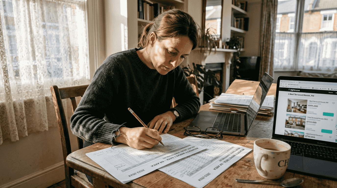 Valuer reviewing documents at home table