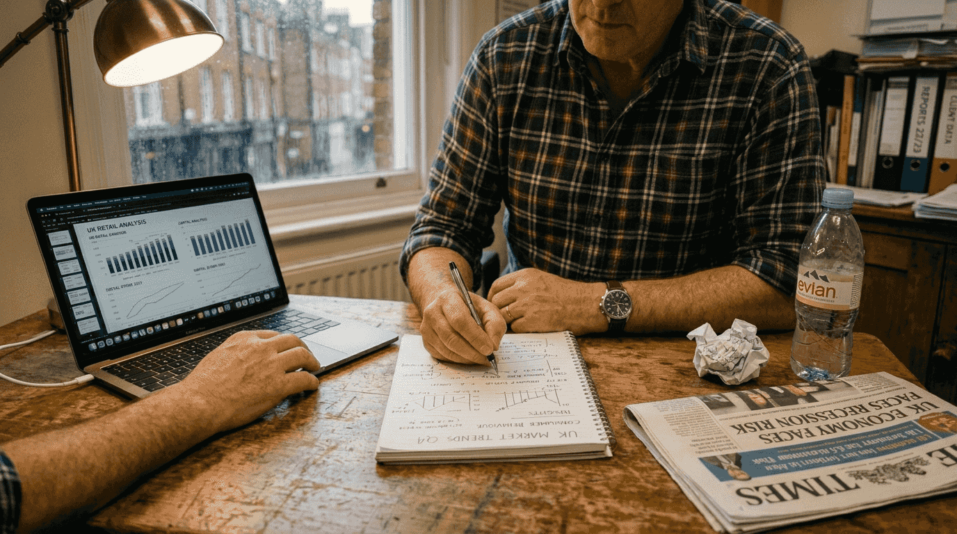 Man preparing research notes at cluttered desk