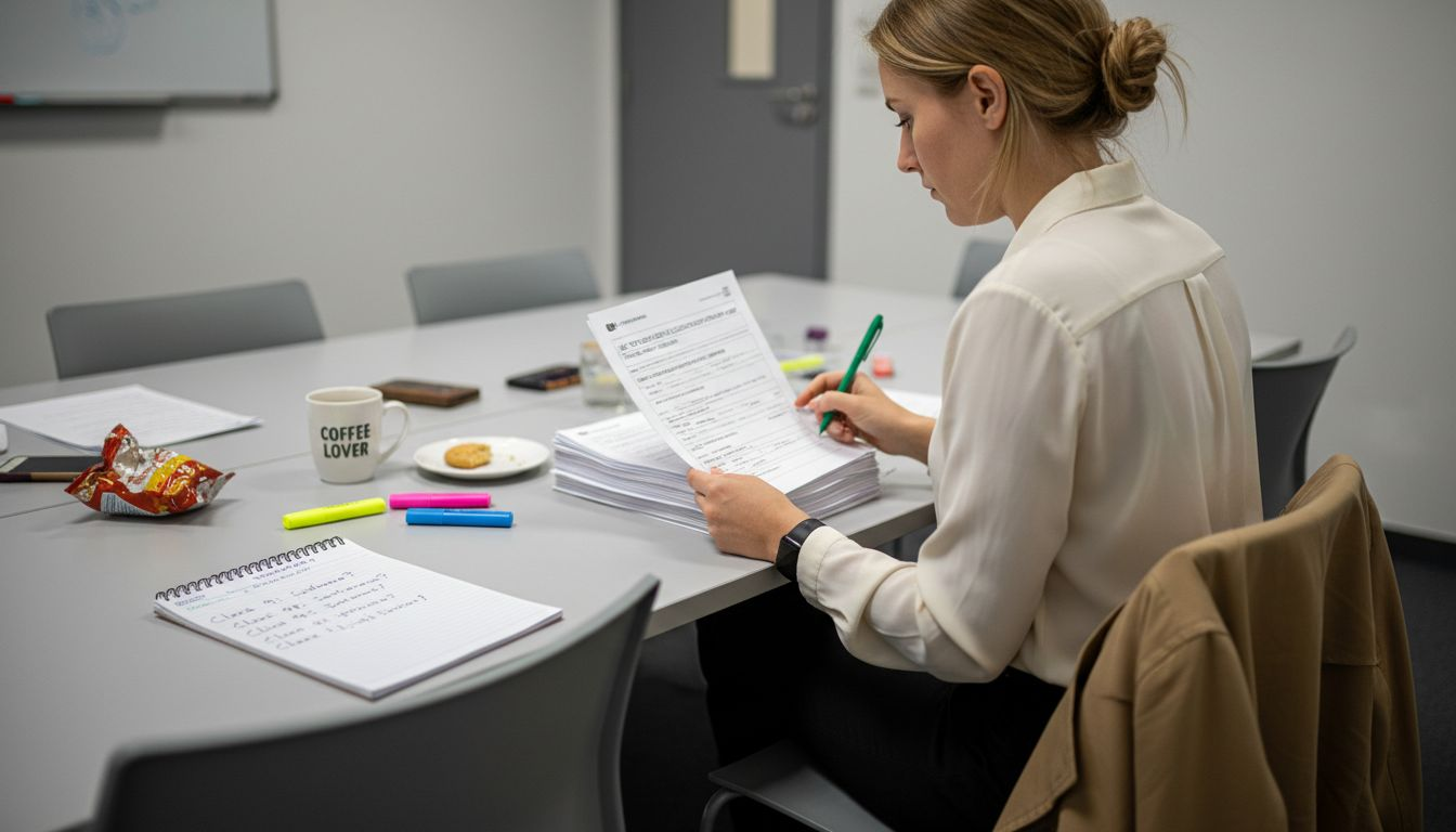 Woman reviewing UK trademark class paperwork