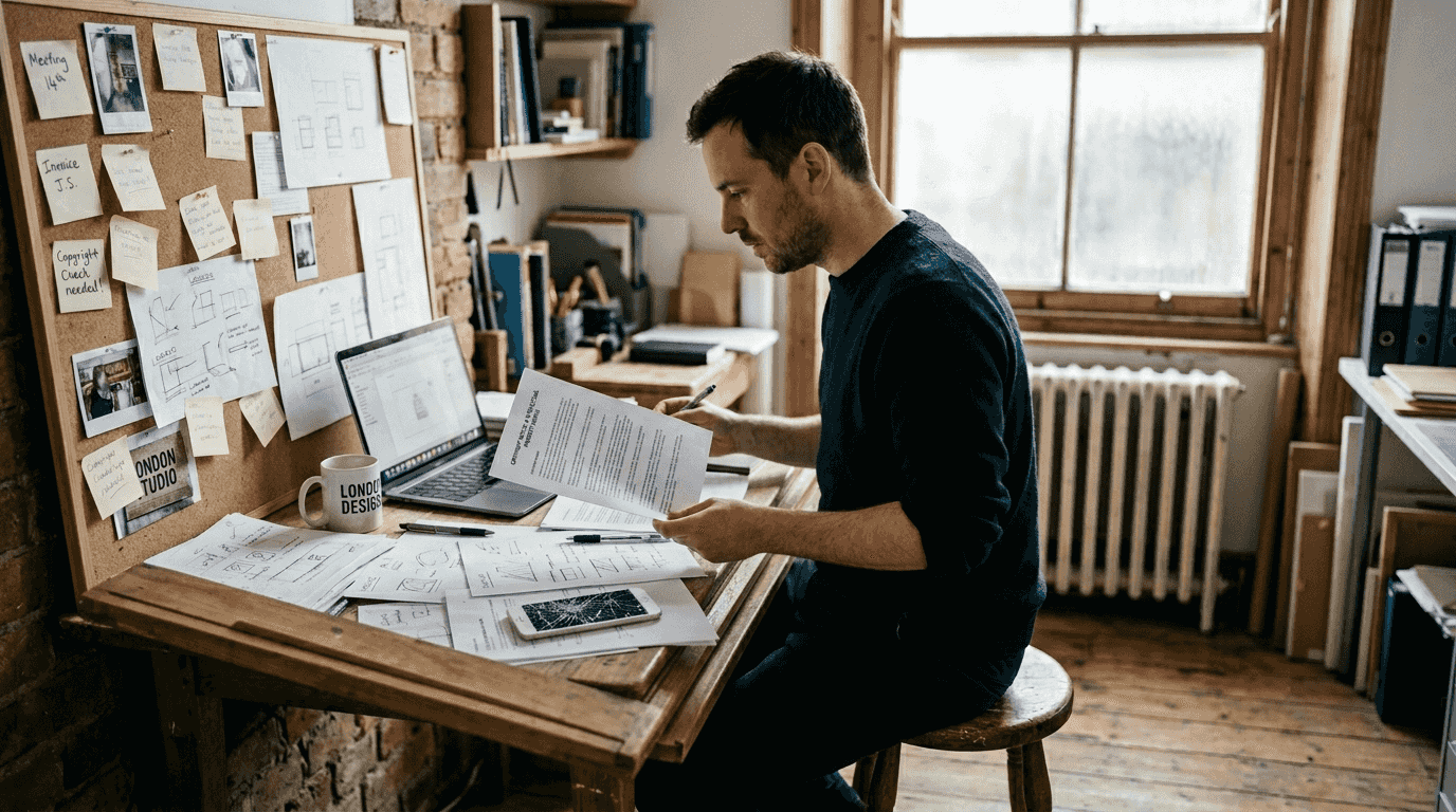 Designer reviewing copyright notices in London studio