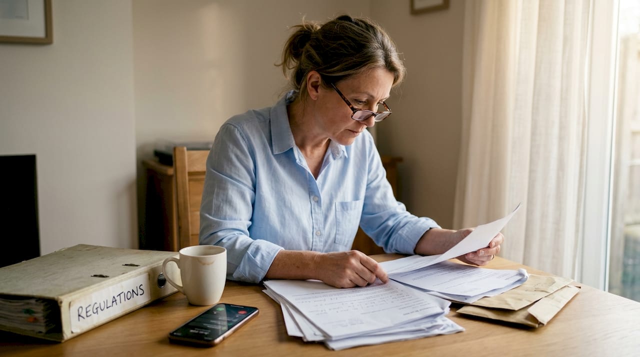Landlord reading legal documents at dining table