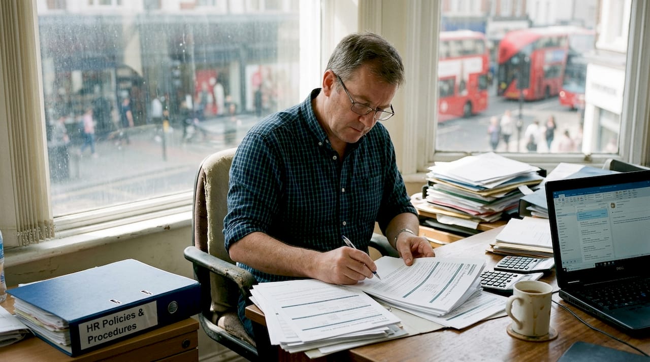 Business owner reviewing tribunal paperwork at desk