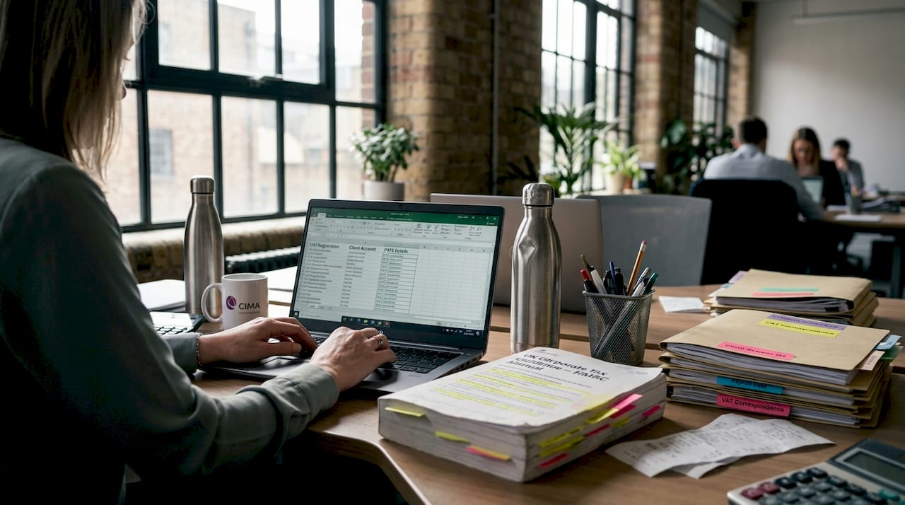 Accountant reviewing business tax guidance at desk