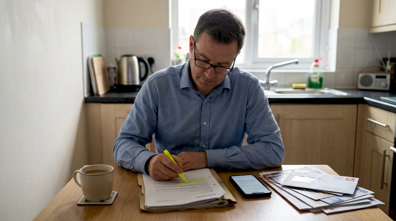 Man reviewing solicitor documents at kitchen table