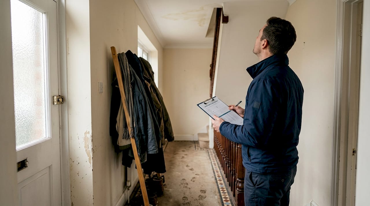 Surveyor checks hallway for damp issues