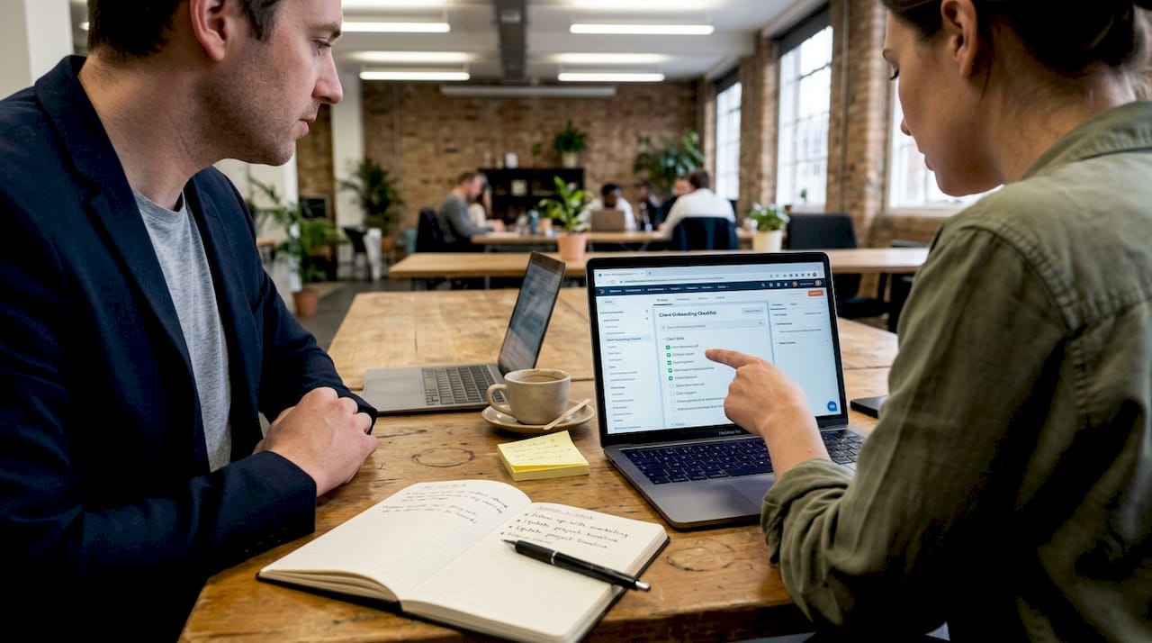 Colleagues using digital onboarding checklist together