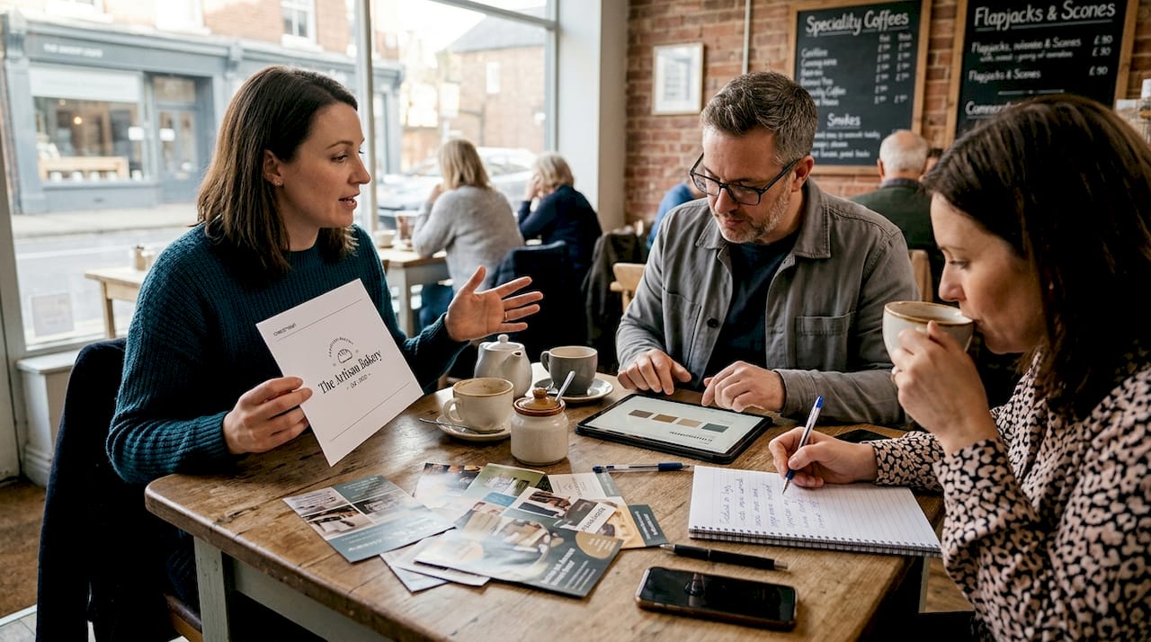 Business owners reviewing branding materials