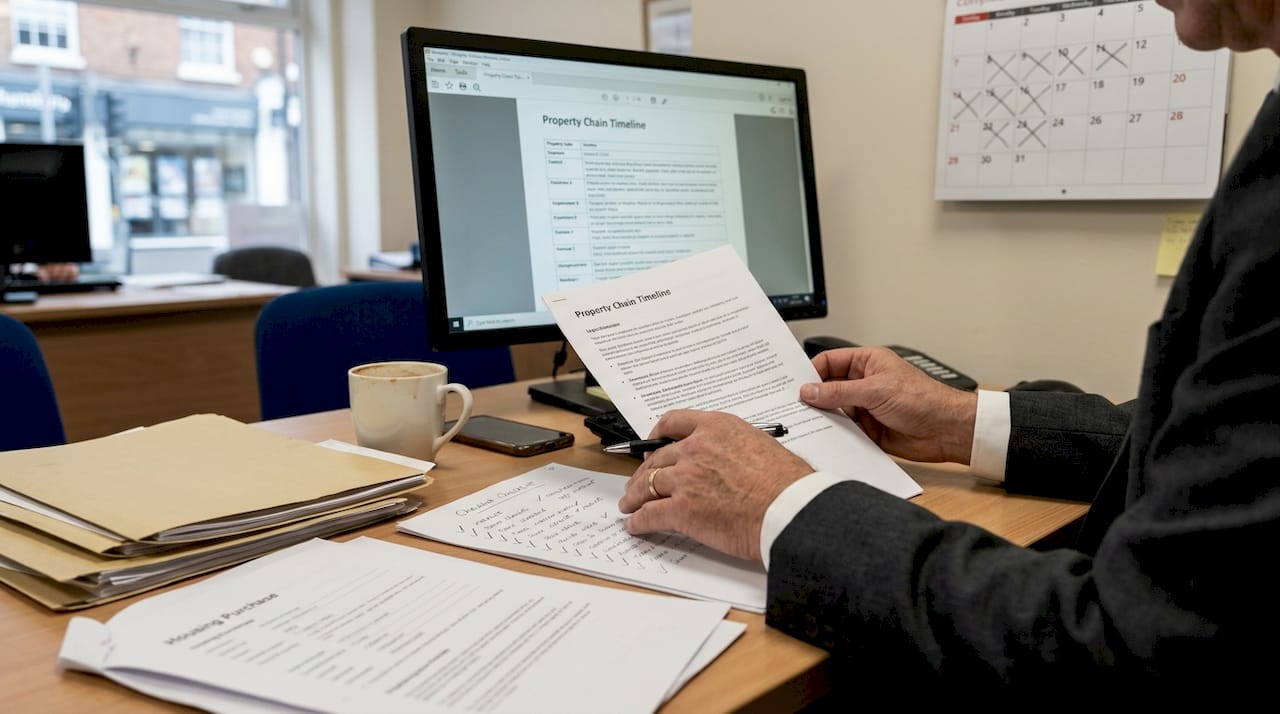 Solicitor checking property chain paperwork with checklist