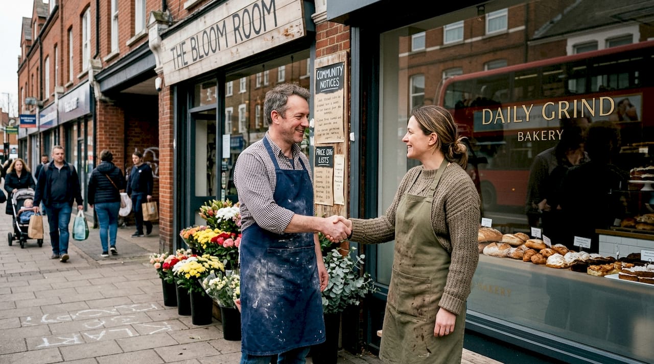 Bakery and florist owners handshake outside shops