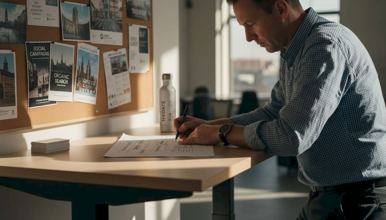 Man mapping marketing channels at standing desk