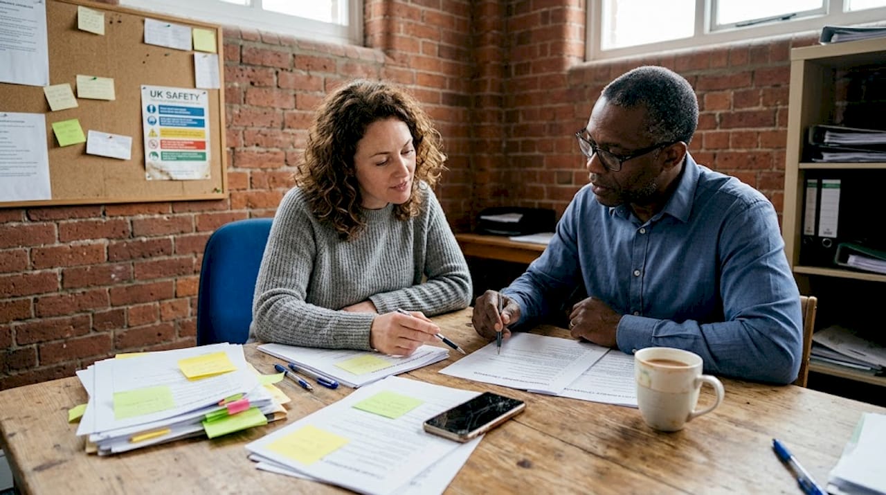 Colleagues review printed compliance checklists together