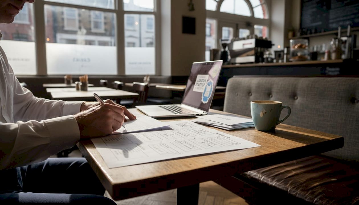 Owner reviewing business model at café table