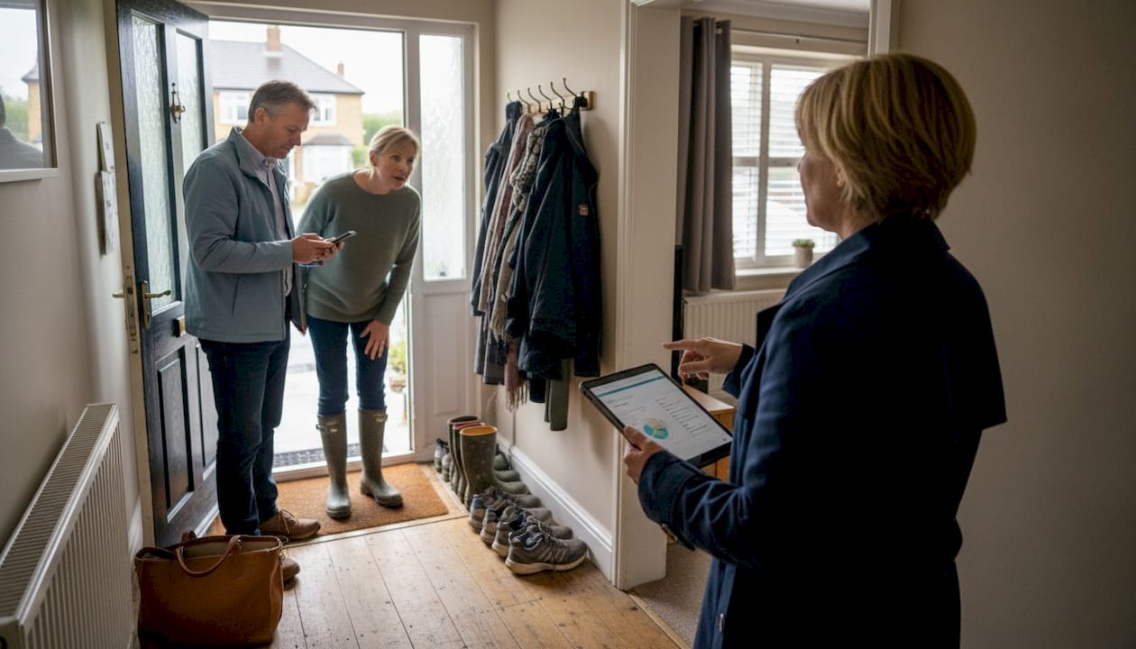 Couple with estate agent during UK house viewing