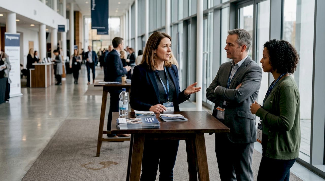 Colleagues converse at UK conference foyer