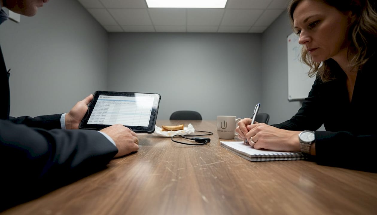 Colleagues review marketing strategy at office table