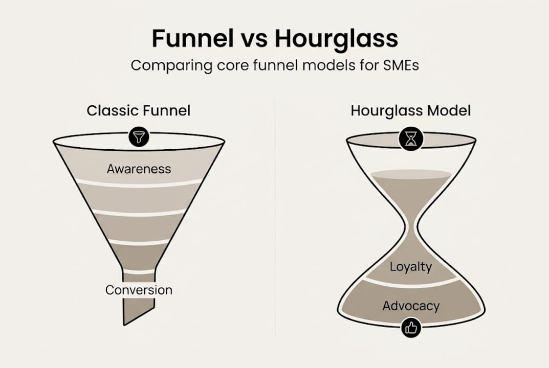 Infographic compares funnel and hourglass models