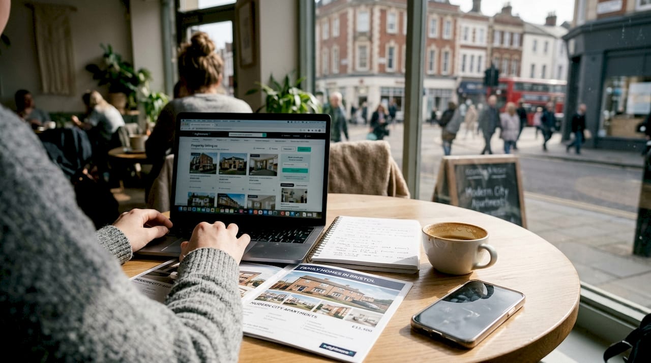 Manager researching property rates in café