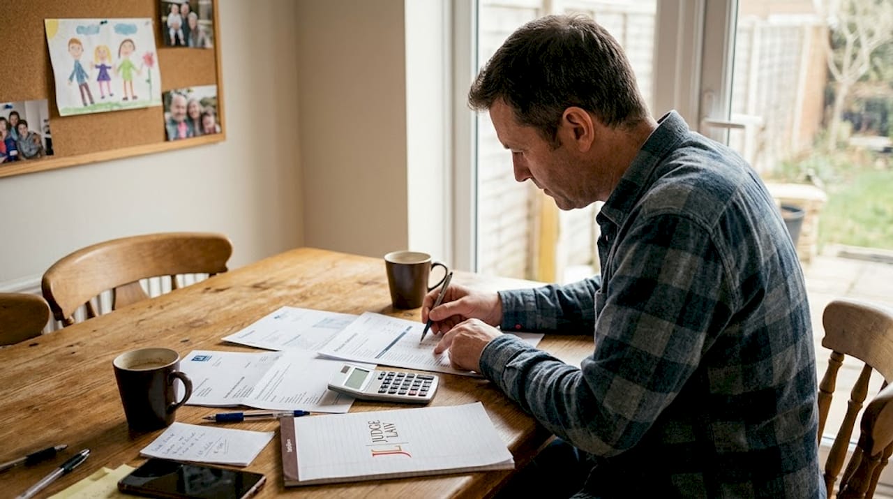 Man reviewing messy financial documents at kitchen table