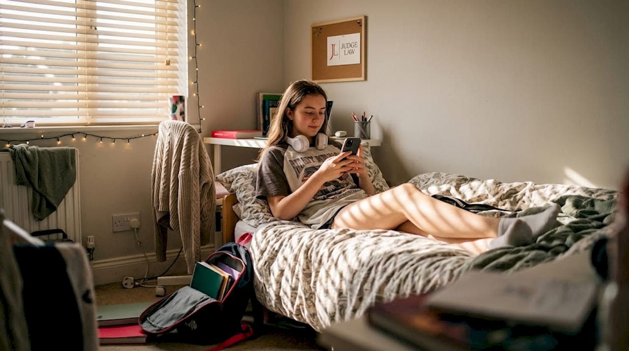 Teen girl reading phone in casual bedroom