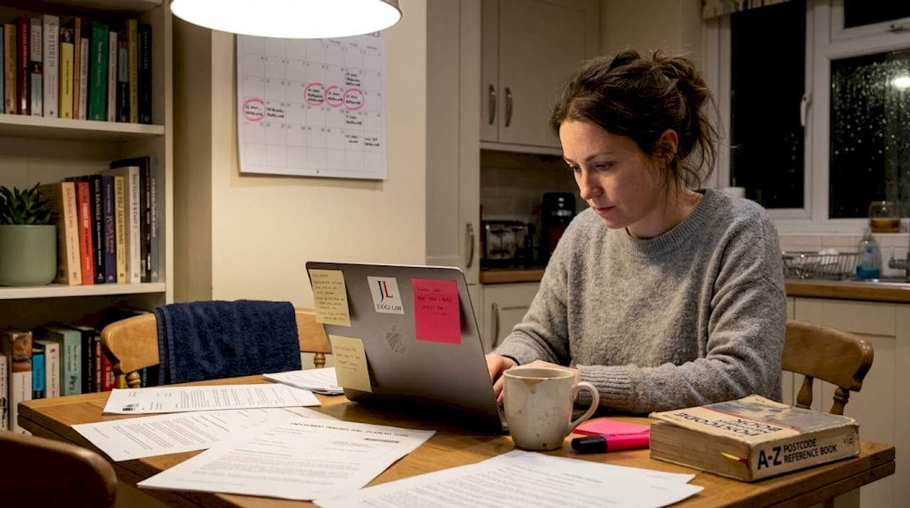 Woman preparing appeal paperwork at kitchen table