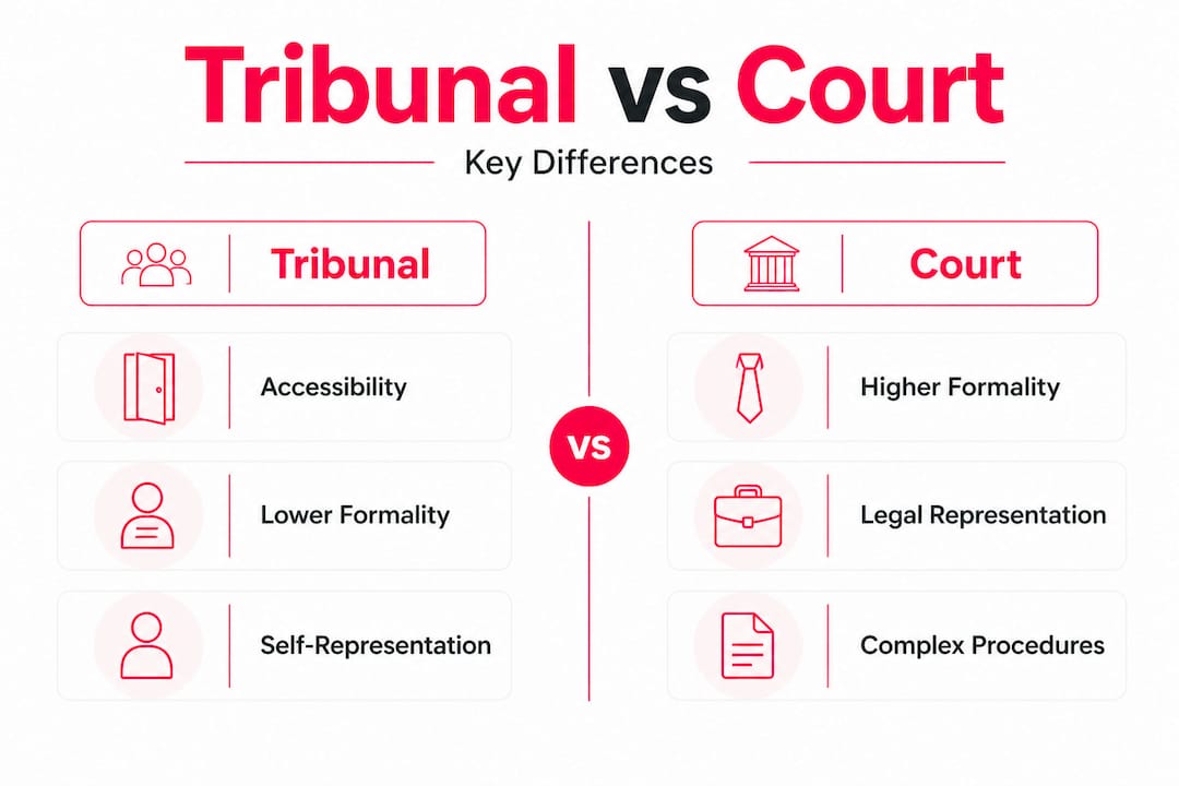 Infographic comparing tribunal and court features