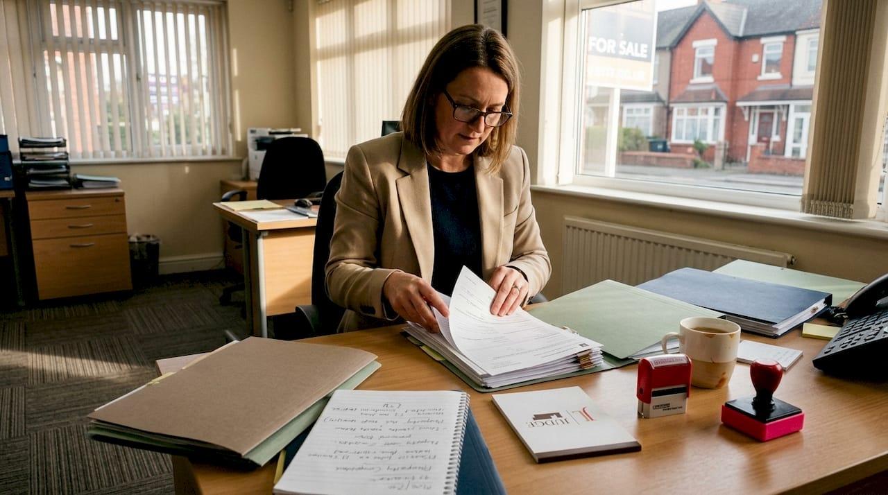 Solicitor sorting property forms at desk