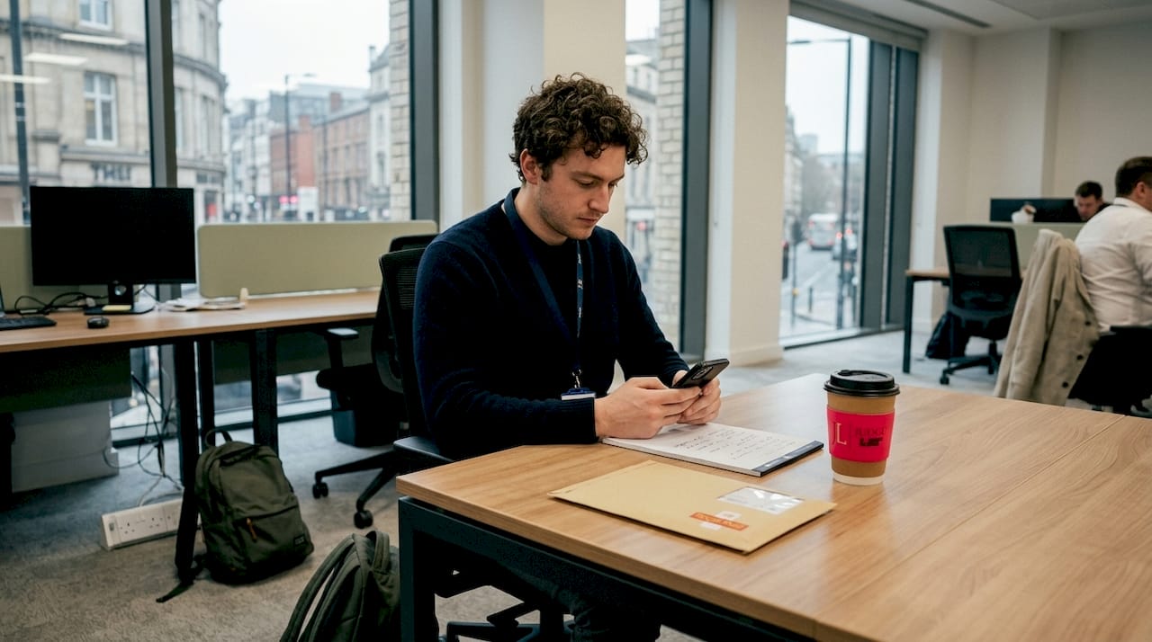 Worker checking smartphone at city office desk