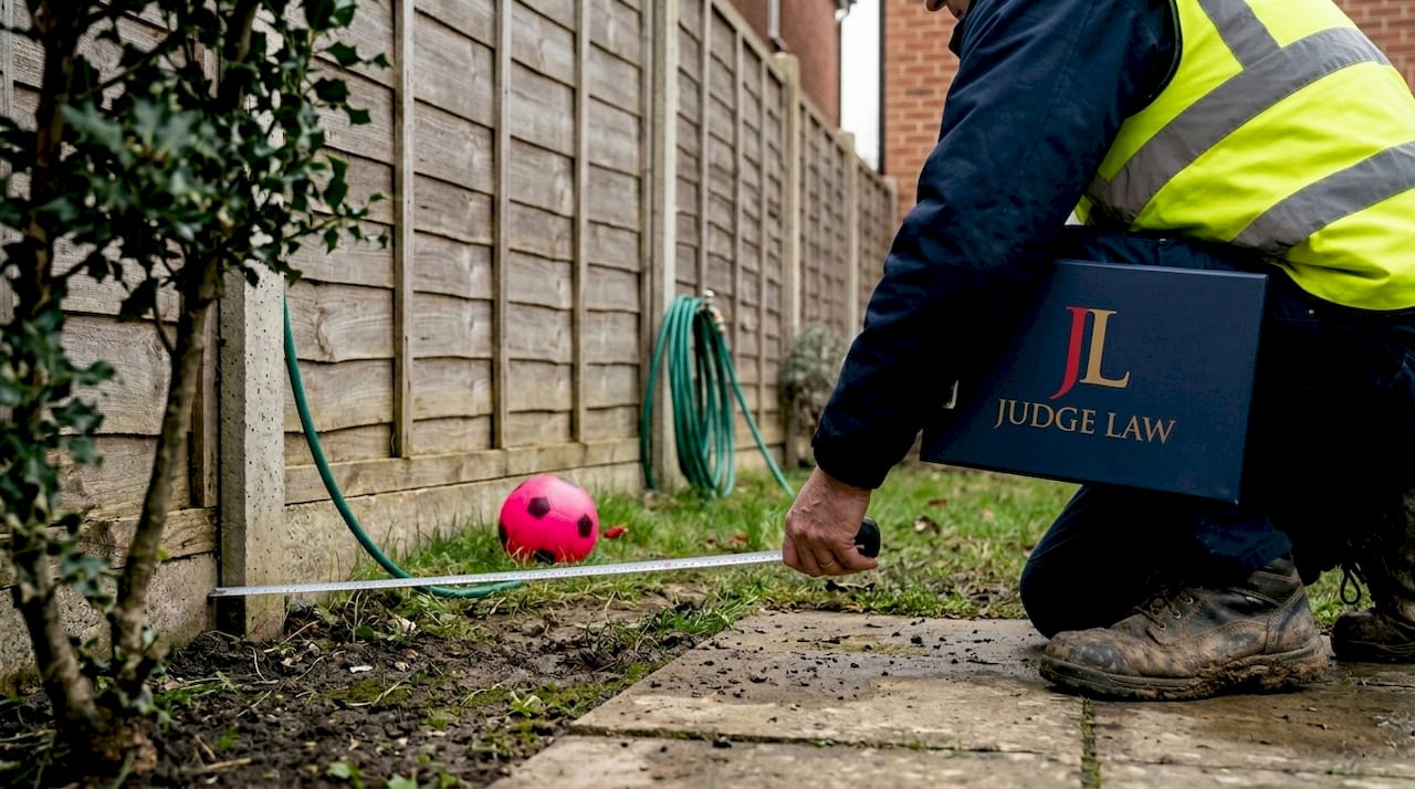 Surveyor measures property boundary in garden