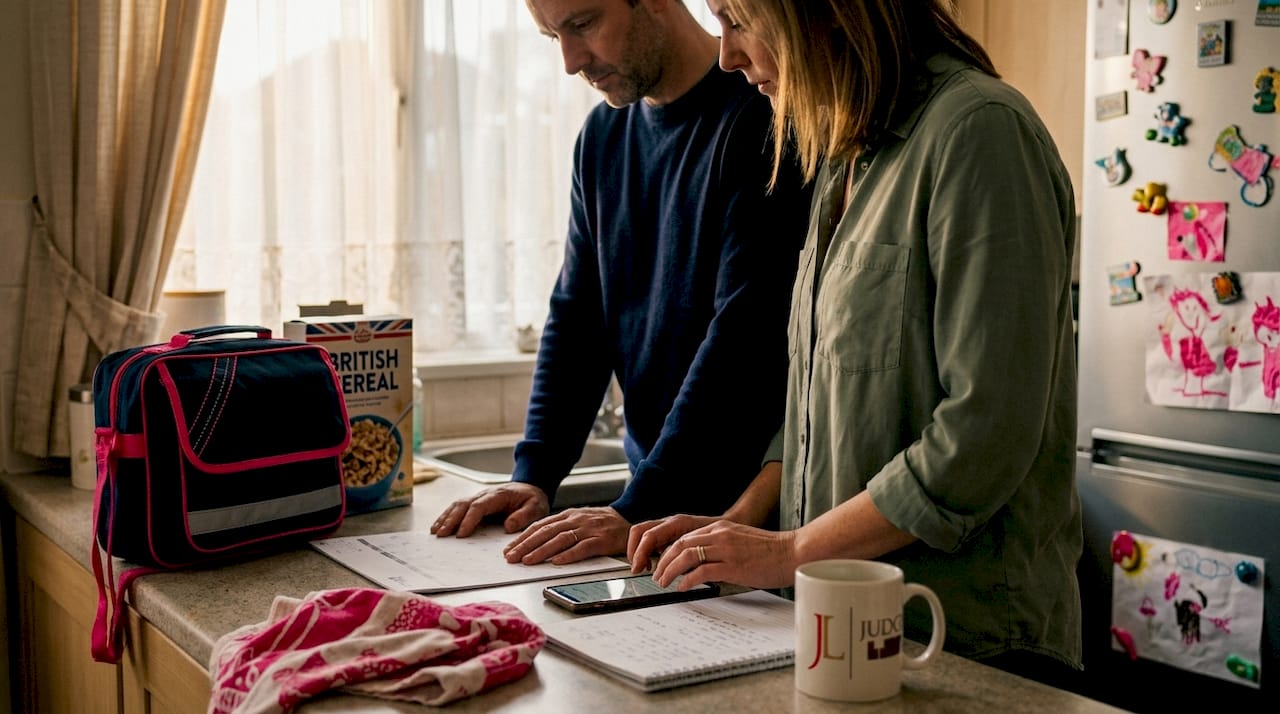 Co-parents coordinating child schedule in kitchen