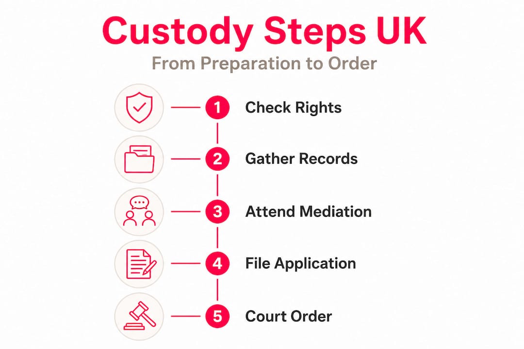 Infographic listing child custody steps in UK process
