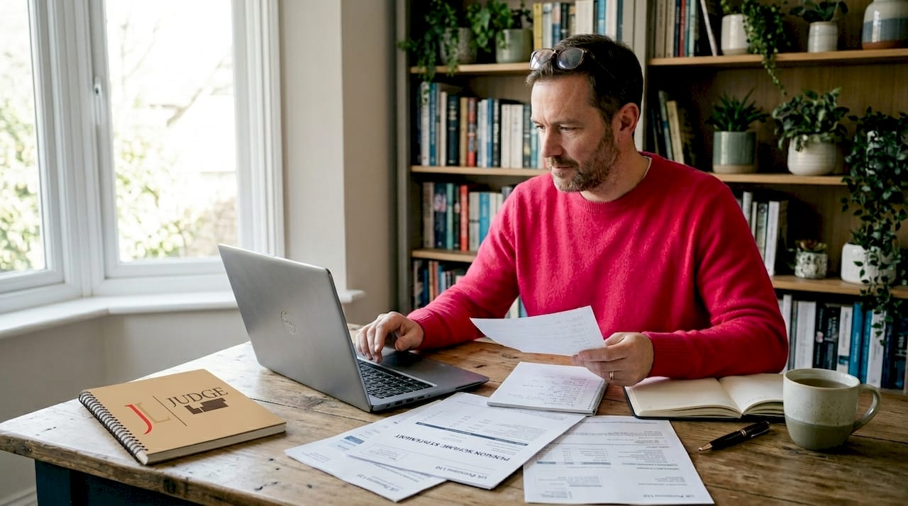 Man organizing pension and debt documents at home desk
