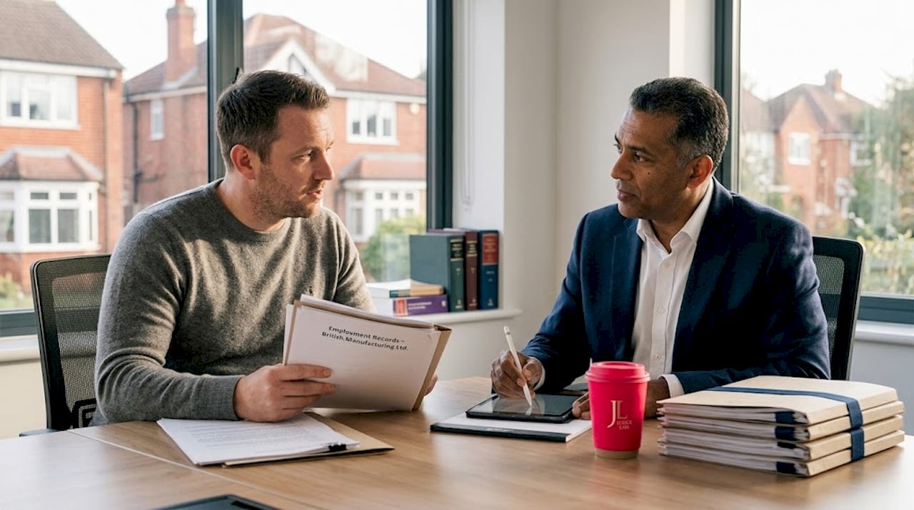 Employee consulting solicitor in legal office setting
