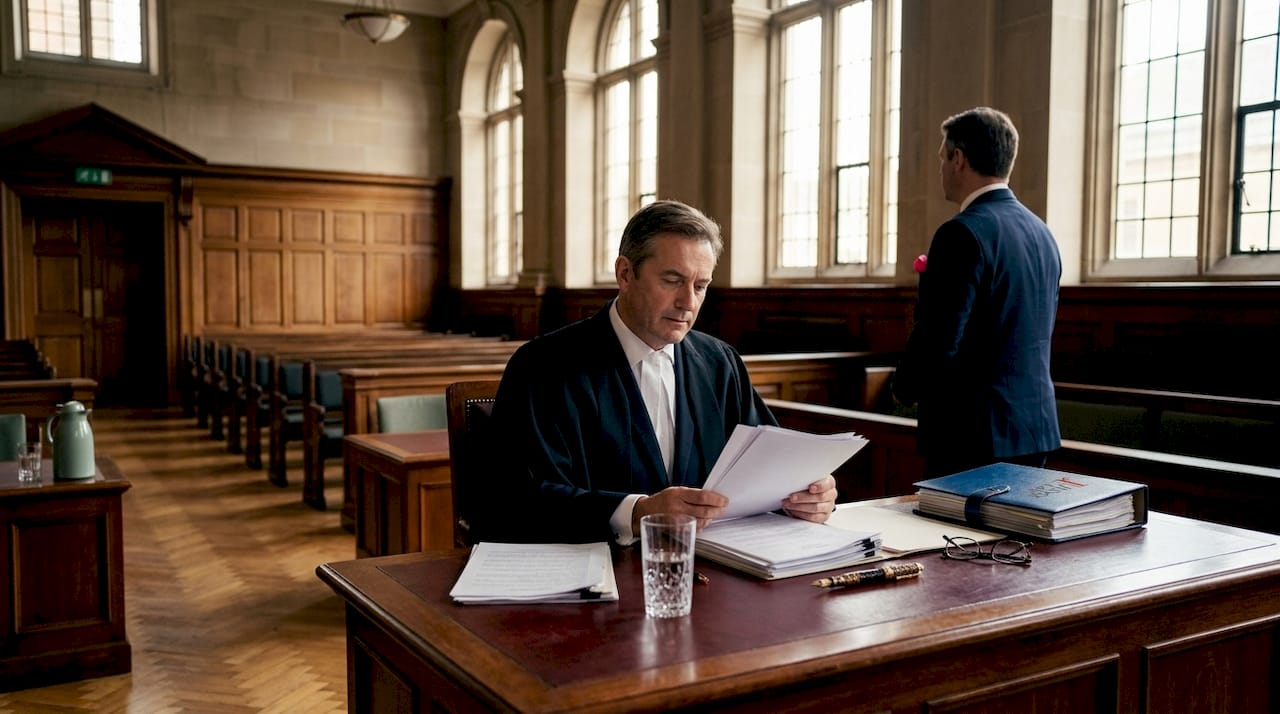 Judge reviewing financial order documents in courtroom