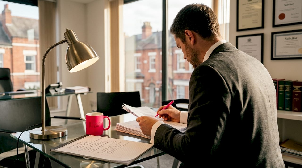 Solicitor reviewing family law documents at desk