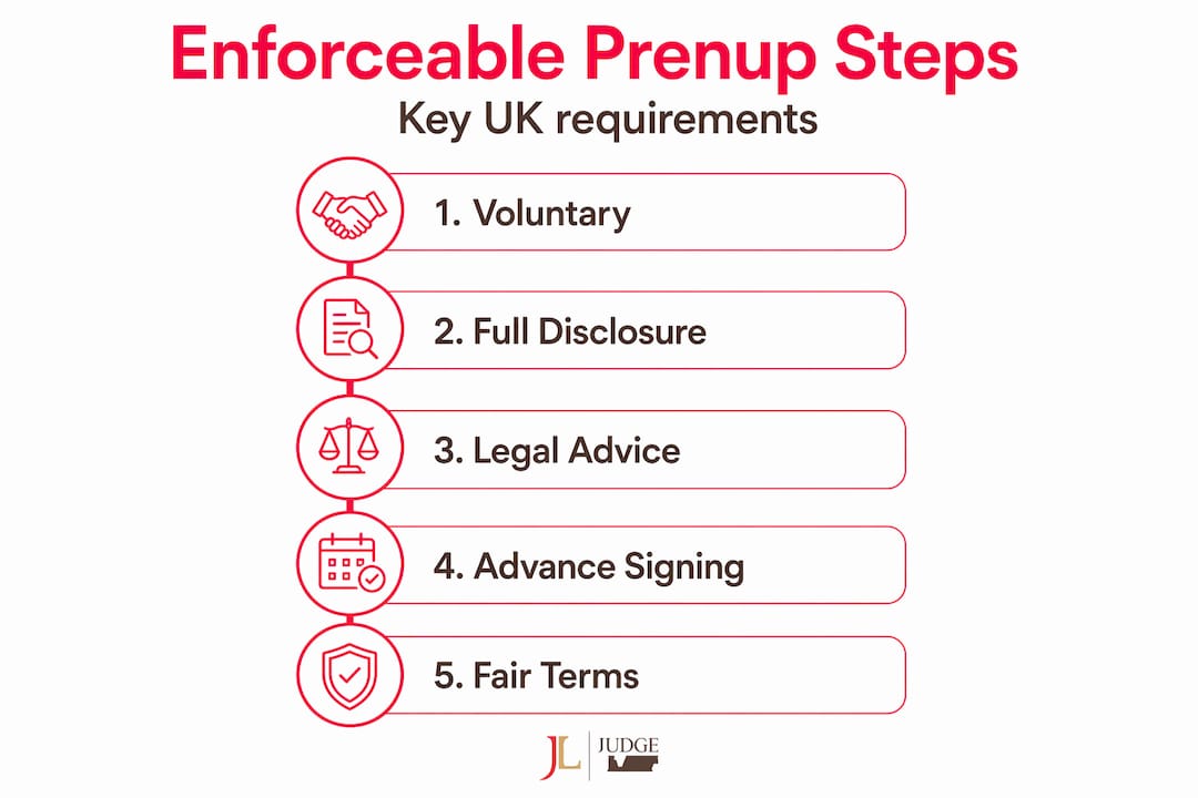 Infographic outlining prenup enforceability steps in UK