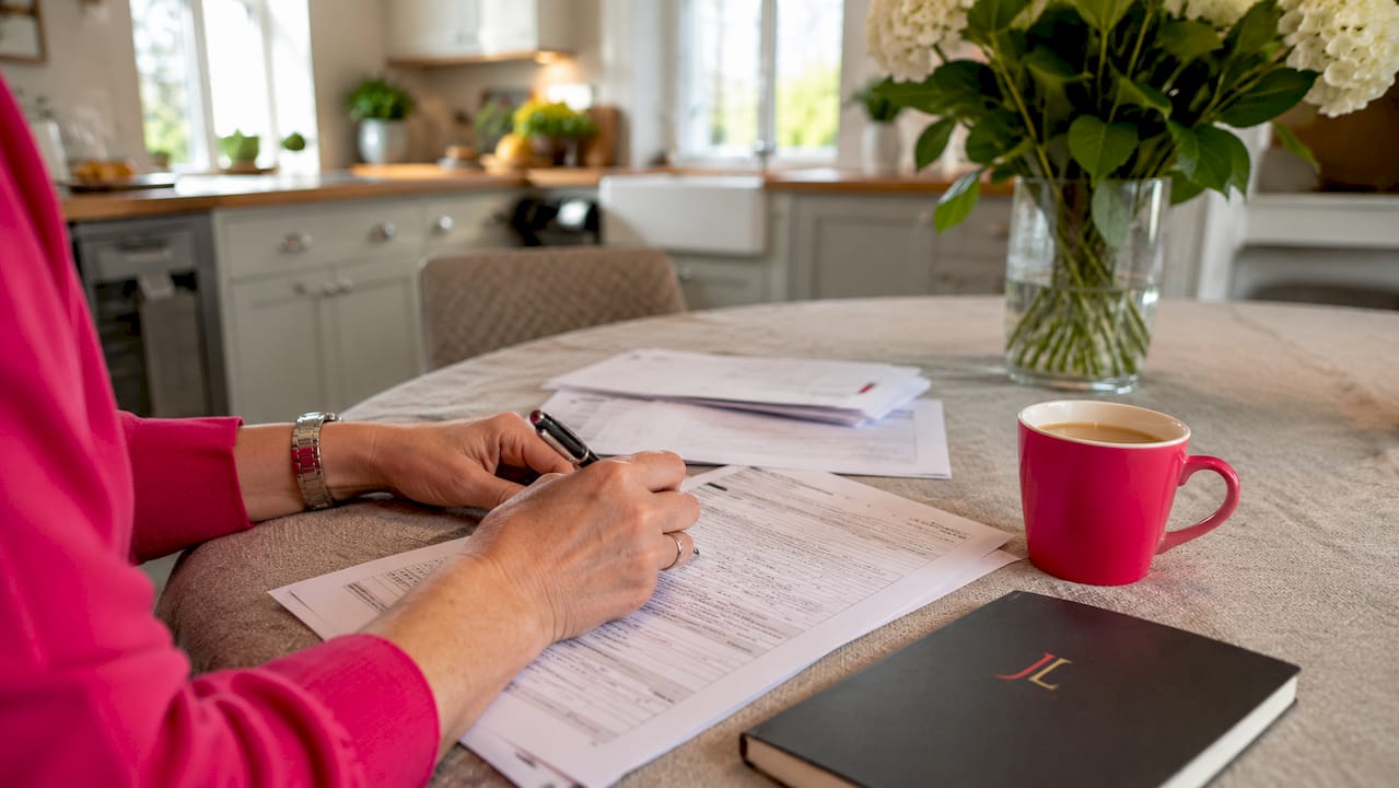 Hands completing inheritance tax forms on desk
