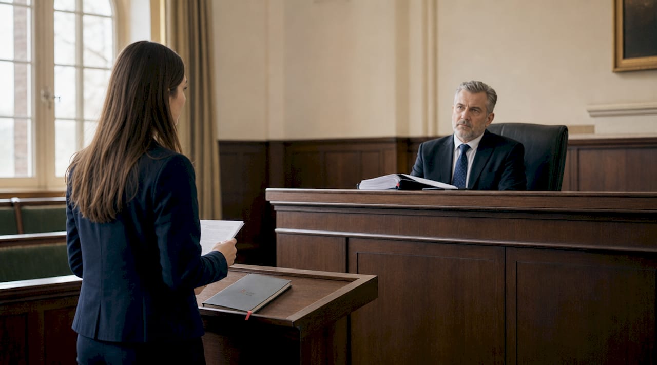Judge listening to claimant during small claims hearing