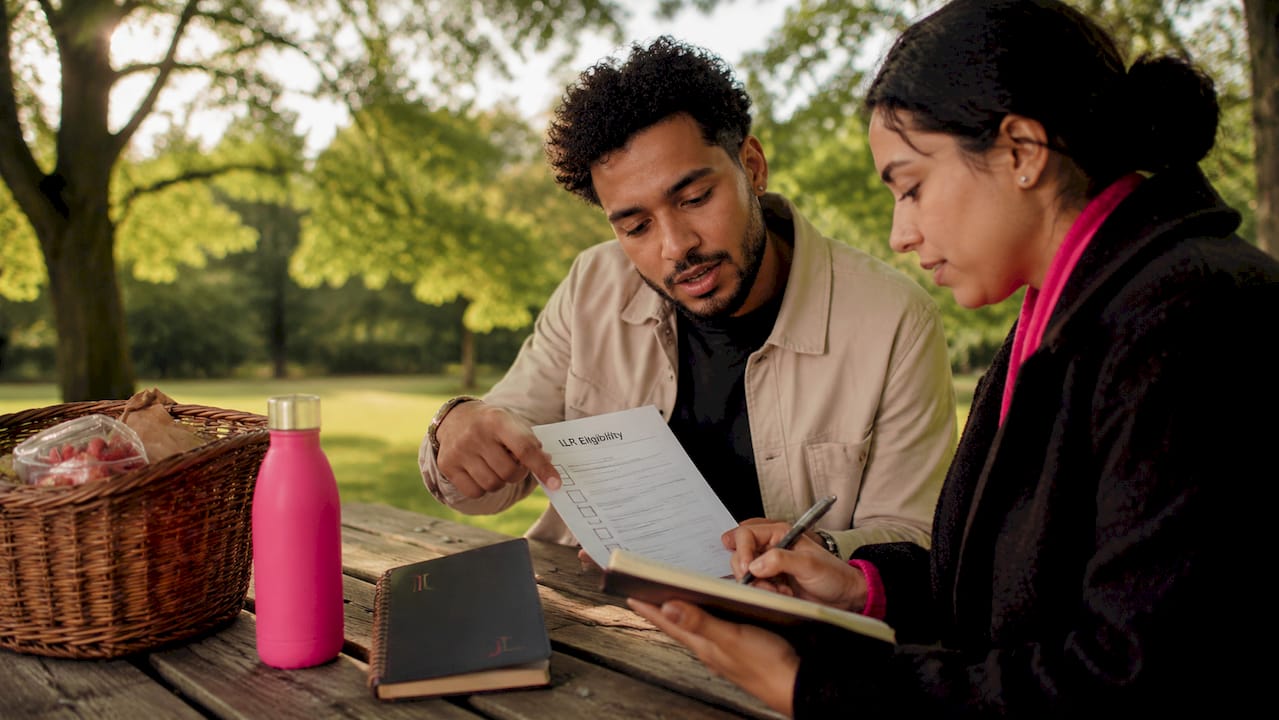 Couple discussing ILR eligibility checklist in café