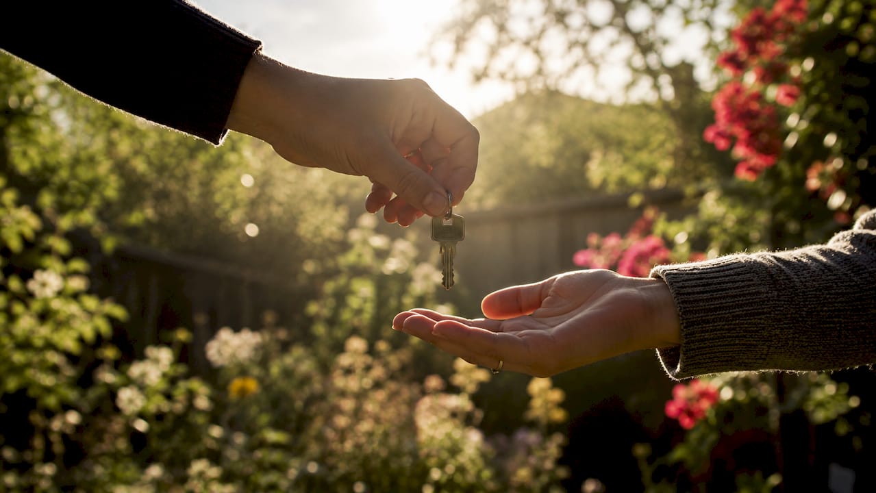 Silhouetted hands exchanging house keys indoors