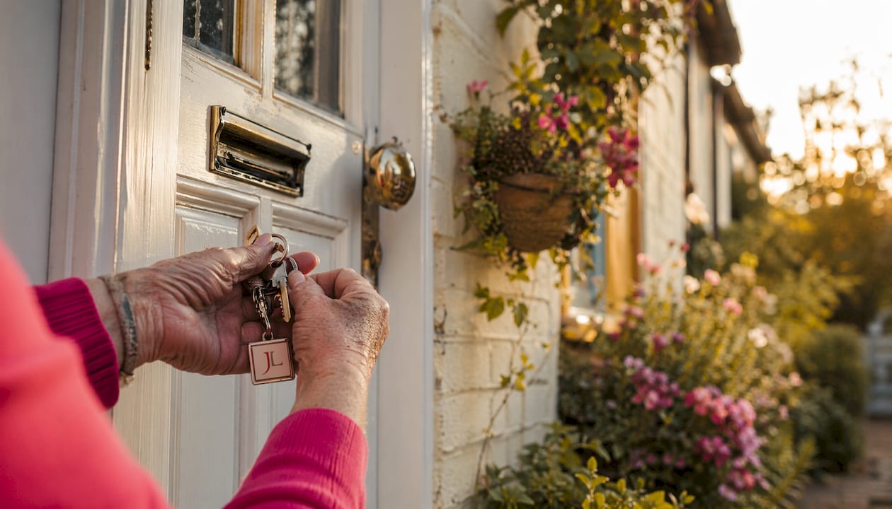 UK front door with keys and 'For Sale' sign