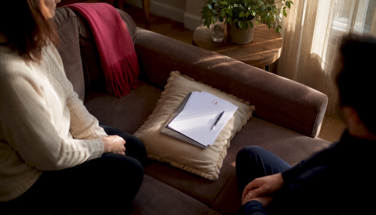 Silhouetted family mediation session in UK room