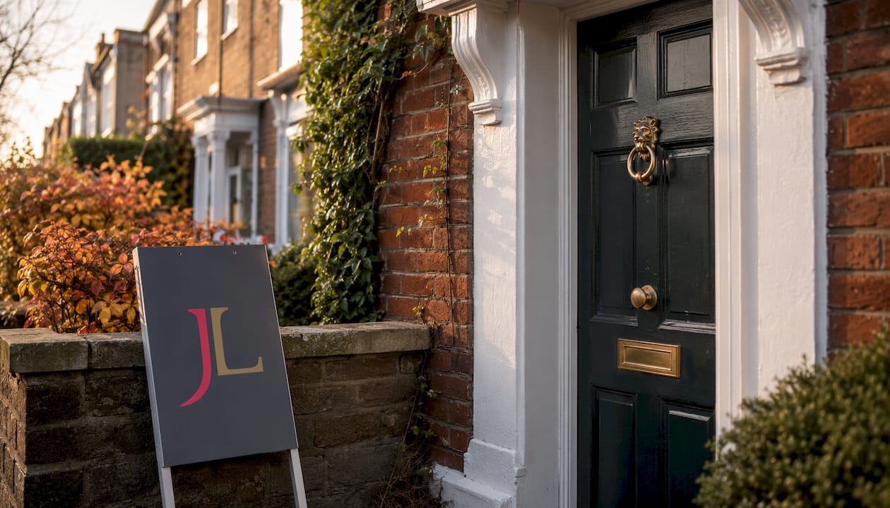 Traditional red-brick house front door with For Sale sign