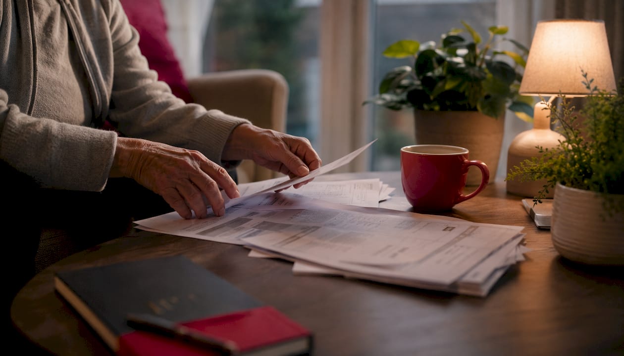Older hands reviewing mortgage documents at table