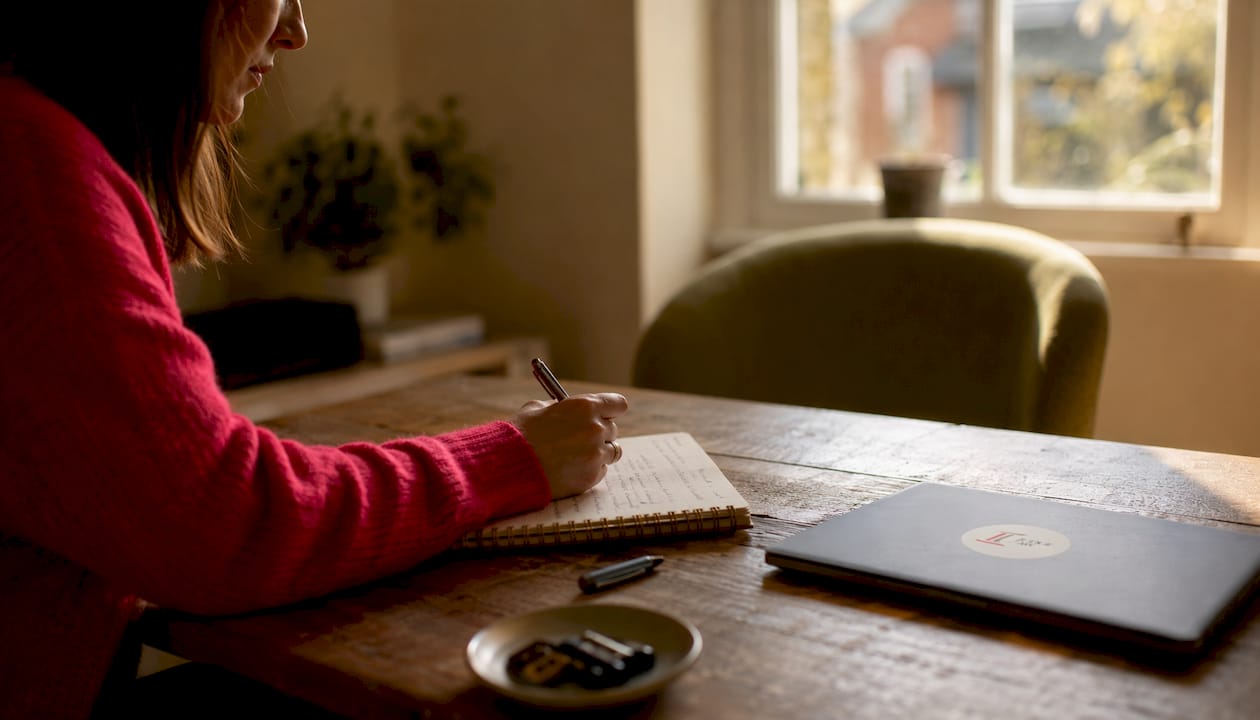 Silhouette of person noting property details at home desk